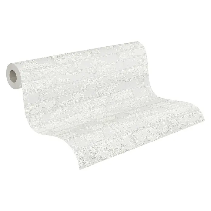 Atlantis Protect Vliestapete Ziegelstein - Weiß, Uni, 10,05 cm x 0,53 m - Ein Detailansicht einer Rolle stilvoller, weißer Tapete mit einem dezenten Backsteinmuster, perfekt um jedem Raum eine rustikale Note zu verleihen.