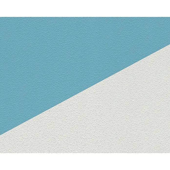 Atlantis Protect Vliestapete Raufaserstruktur - Weiß, Uni, 10,05 cm x 0,53 m - Nahaufnahme einer zweifarbigen, strukturierten Oberfläche, die in Blau und Weiß diagonal geteilt ist.