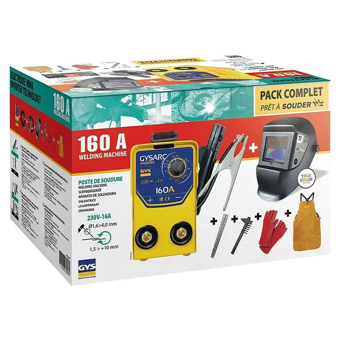 Gys Elektrodenschweißgerät Set GYSARC 160 - Schweißstrom: 10 A - 160 A, 230 V - GYSARC 160A Inverter-Schweißgerät-Set in Verpackung, mit gelb-blauem Gerät, Schweißhelm, Handschuhen, Schürze, Elektroden und Zubehör.