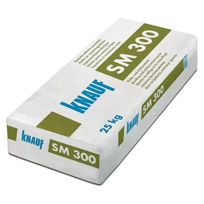 Knauf Marmorit Klebe- & Armierungsmörtel SM300 - 25 kg - Weißer Knauf SM 300 25 kg Mörtelsack mit blauer und grüner Beschriftung, zum Kleben und Armieren.
