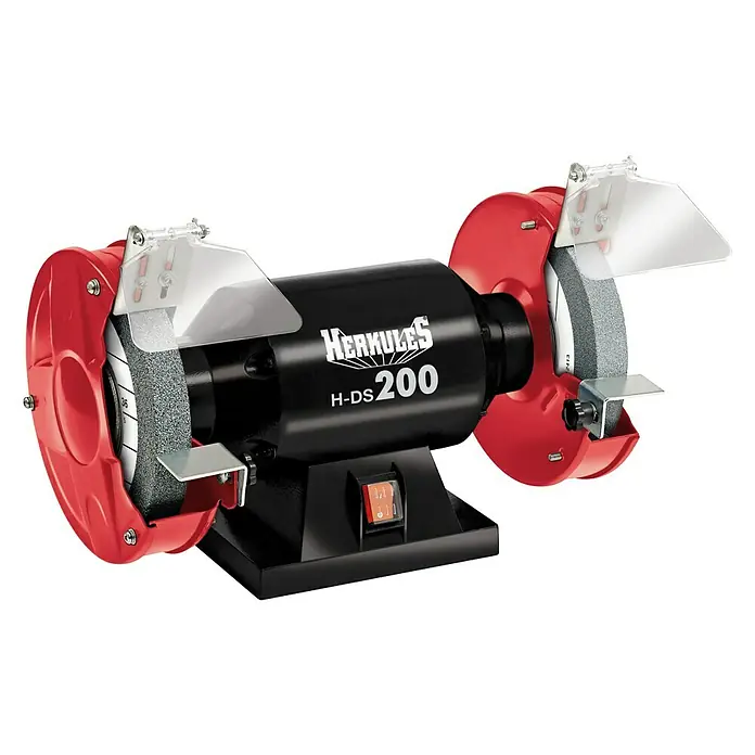 Herkules Elektro-Doppelschleifer H-DS 200 - 400 W, 2.950 U/min - Tischbandschleifer mit rotem Gehäuse und transparentem Schutzschild zum sicheren Schleifen in der Werkstatt.