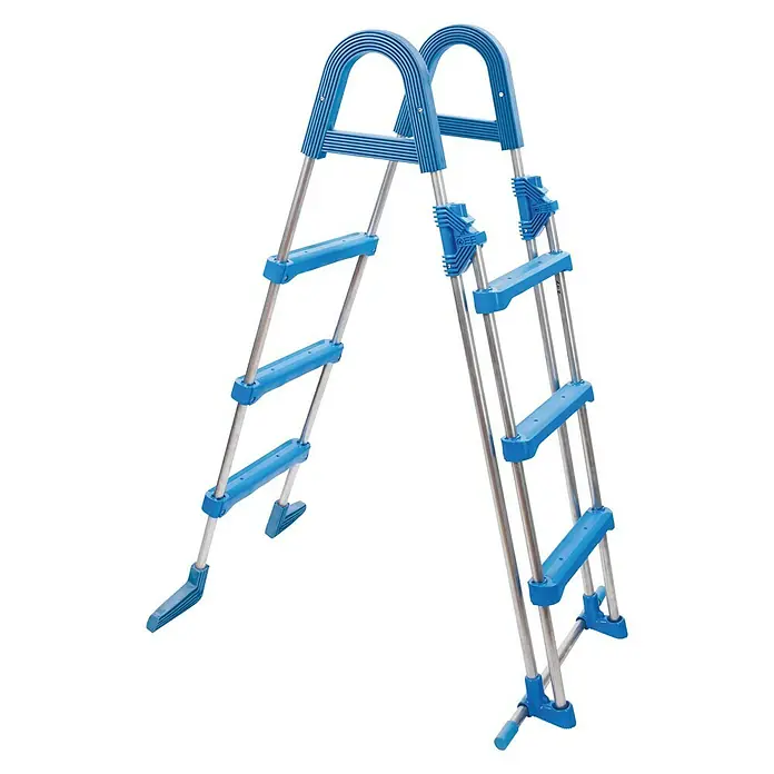 myPool Poolleiter - Passend für: Poolhöhe 120 cm, Edelstahl, Blau/Silber - Eine blaue Poolleiter mit vier Stufen und silberfarbenen Stützen, die für den einfachen Ein- und Ausstieg in den Pool sorgt.