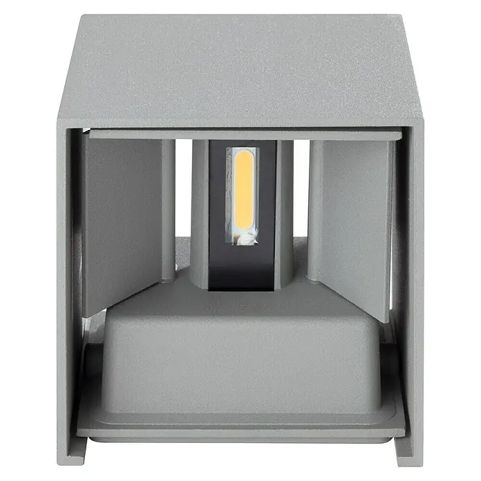 Starlux LED-Außenwandleuchte Umea - 8 W, 10 x 10 x 10 cm, Anthrazit, IP54 - Nahaufnahme einer modernen, grauen LED-Wandleuchte mit einem hellen, rechteckigen Lichtelement in der Mitte.