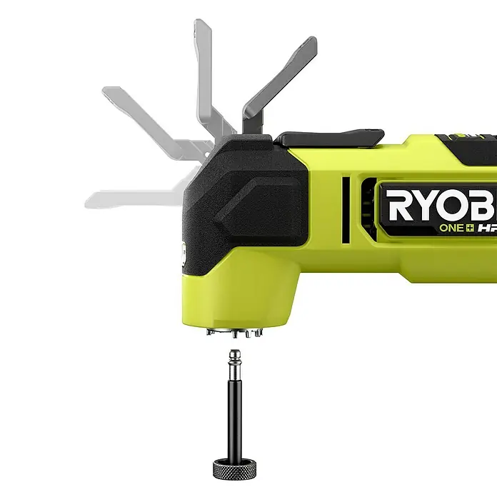 Ryobi ONE+HP Akku-Multifunktionswerkzeug RMT18X-0 - 18 V, Ohne Akku - Bild eines Ryobi ONE+ HP Winkelschrauber-Aufsatzes mit verstellbarem Kopf und Bit, ideal für schwer zugängliche Stellen.