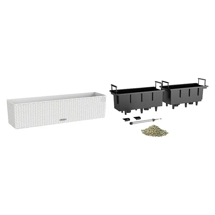 Lechuza Cottage Balkonkasten Balconera - Max. Außenlänge: 80 cm, Kunststoff, Weiß - Ein Pflanzkasten-Set mit einem weißen Pflanzgefäß, zwei schwarzen Einsätzen und Zubehör für die Bewässerung.