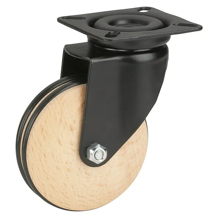 Stabilit Design-Lenkrolle - Durchmesser Rollen: 50 mm, Traglast: 40 kg, Gleitlager, Mit Platte - Schwenkrolle mit Holzrad und schwarzer Halterung, ideal für Möbel. Die Rolle ist stabil und langlebig für den täglichen Gebrauch.