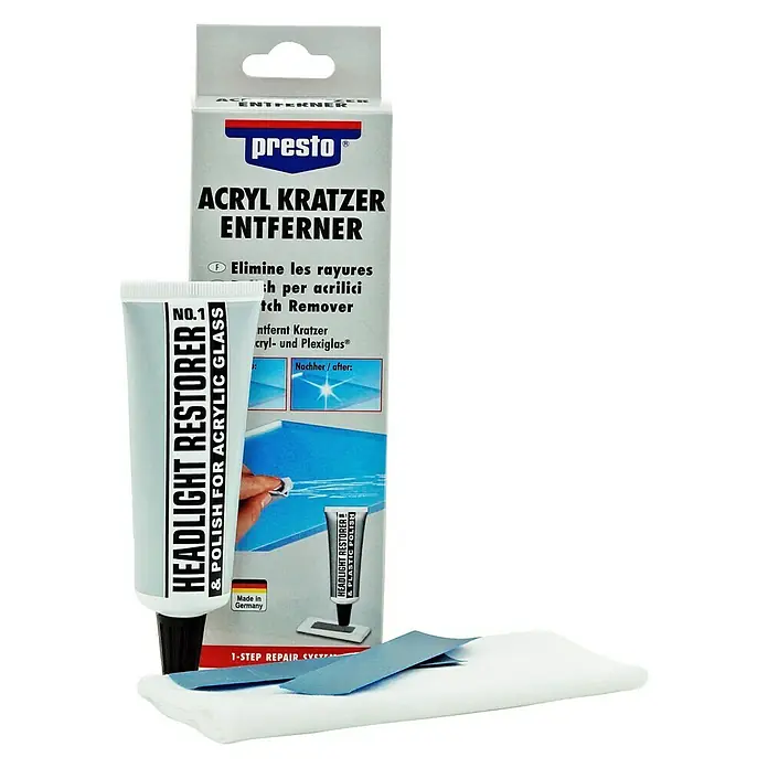 Presto Kratzer-Entferner - Geeignet für: Möbel, 50 ml - Produktbild von Presto Acryl Kratzer Entferner, ein Set zur Scheinwerferaufbereitung & Politur von Acrylglas mit Schleifpads und Poliertuch.