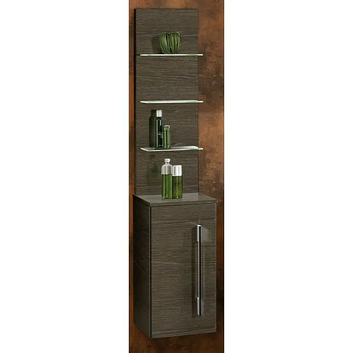 Camargue Stella Seitenschrank - 30,4 x 32,5 x 151,6 cm, Eiche Maron - Dieses Bild zeigt einen modernen Badezimmerschrank mit Regalen, auf denen stilvolle Pflegeprodukte und Dekorationen platziert sind.