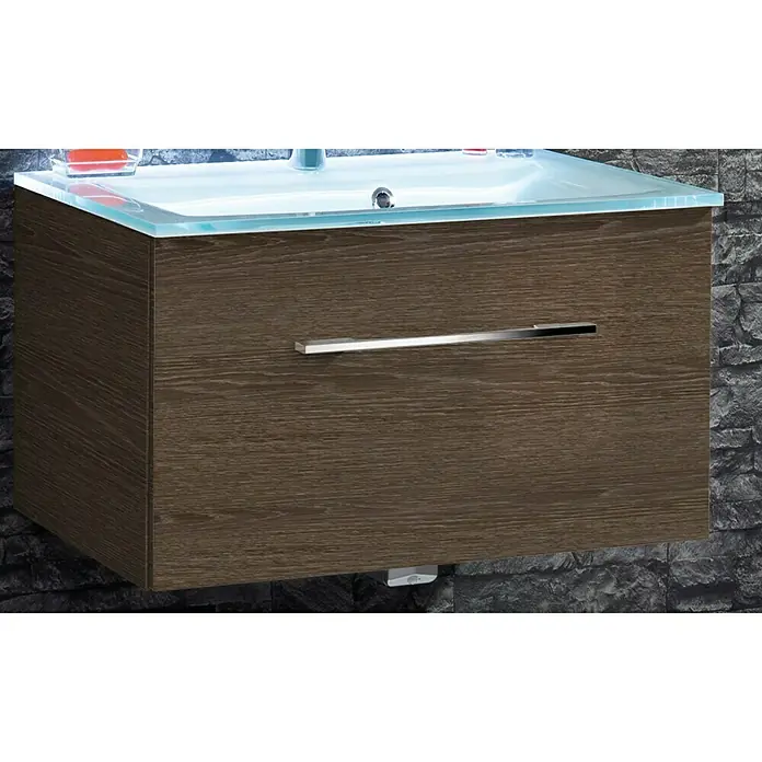 Camargue Stella Waschtischunterschrank - 79,4 x 48,8 x 39 cm, Mit Beleuchtung, Eiche Maron - Moderner Waschtischunterschrank in Holzoptik mit einem stilvollen Glaswaschbecken und einem eleganten Griff. Perfekt für jedes Badezimmer.