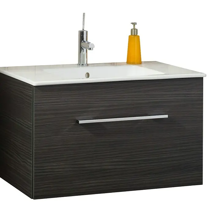 Camargue Stella K Waschtischunterschrank - 79,4 x 48,8 x 39 cm, Ohne Beleuchtung, Dark Oak - Modernes Badezimmer-Waschbecken mit Unterschrank in dunkler Holzoptik, Armatur und Seifenspender für ein stilvolles Ambiente.