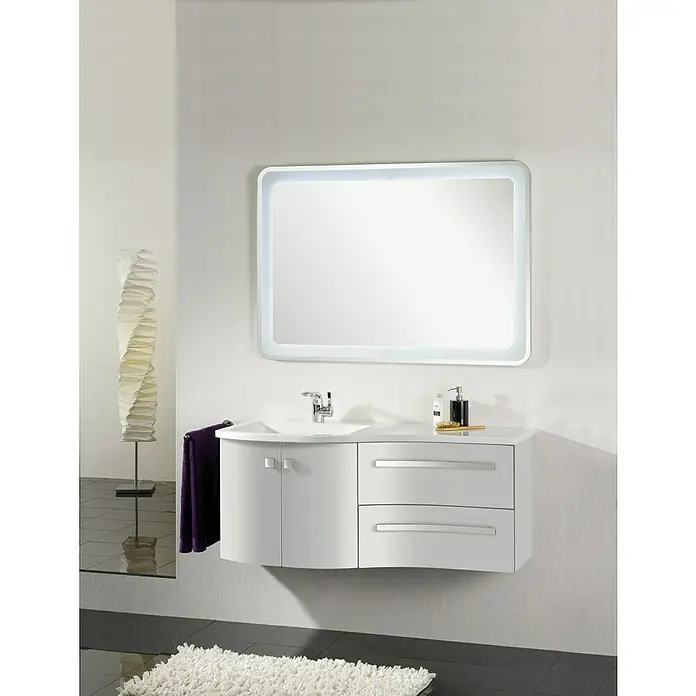 Camargue Wave Waschtischunterschrank - 118,4 x 54 x 49,8 cm, Weiß, DIN Anschlag: Links - Modernes Badezimmer-Waschtisch-Set in Weiß mit Spiegel, Schubladen und Handtuch, das eine elegante und funktionale Lösung bietet.