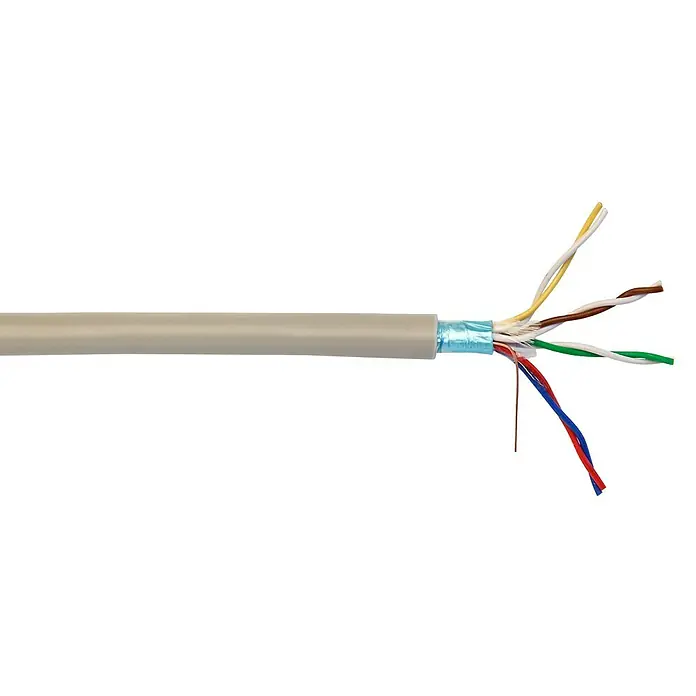 Telefonleitung J-YSTY 4x2x0,6 mm² - J-Y(ST)Y, Anzahl Adern: 2, 0,28 mm², Länge: 50 m, Grau - Nahaufnahme eines Cat5e-Kabels mit freiliegenden, farbcodierten Twisted-Pair-Drähten, die für Ethernet-Netzwerke verwendet werden.