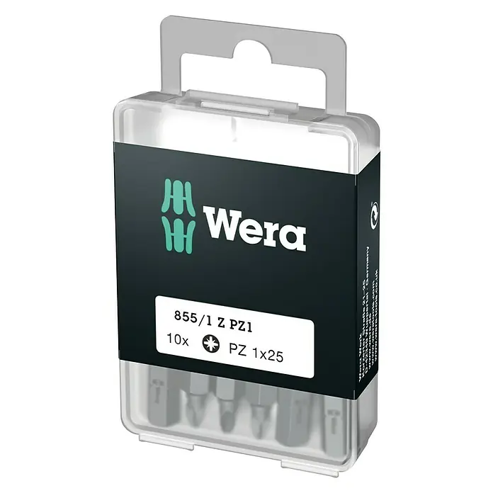 Wera Bit-Box 855/1 - PZ 1, 10 -tlg. - Bild einer Wera 855/1 Z PZ1 Bit-Box, die zehn PZ1-Bits in einem kompakten, transparenten Gehäuse für den einfachen Transport und die Aufbewahrung enthält.