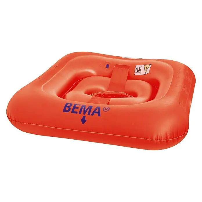 Bema Schwimmsitz - L x B: 70 x 70 cm, Geeignet für: Babys bis 11 kg - Nahaufnahme eines orangefarbenen BEMA-Schwimmringes mit Sitzgelegenheit für Kinder. Ideal für Schwimmbäder und Freizeitaktivitäten im Wasser.