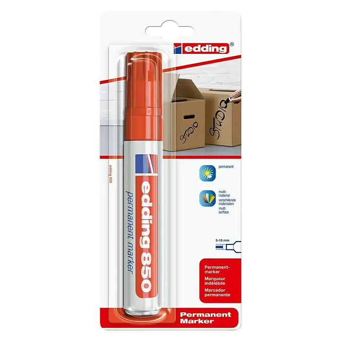 Edding Permanentmarker 850 - Strichstärke: 5 mm - 15 mm, Rot - Abbildung einer Packung Edding 850 Permanentmarker in oranger Farbe, ideal zum Beschriften verschiedener Materialien.