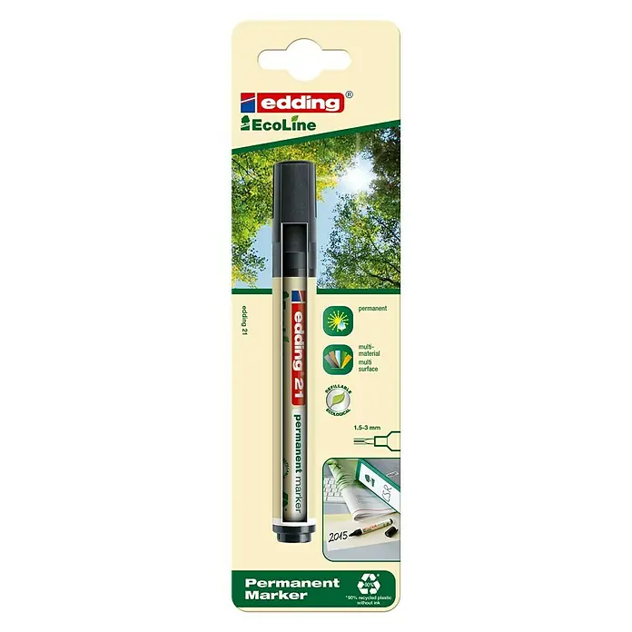 Edding EcoLine Permanentmarker 21 - Strichstärke: 1,5 mm - 3 mm, Schwarz - Das Bild zeigt einen Edding 21 EcoLine Permanentmarker in einer beigen Verpackung. Der Marker ist schwarz und als umweltfreundliches Produkt gekennzeichnet.