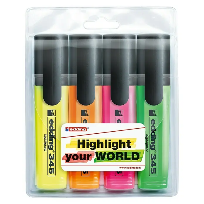 Edding Textmarker 345 - Neongelb/Neonorange/Neonpink/Neongrün, 2 mm - 5 mm - Packung Edding 345 Textmarker in verschiedenen Farben, ideal zum Hervorheben wichtiger Informationen.