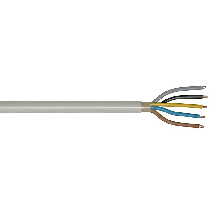 Mantelleitung Meterware NYM-J 5x10 mm² - Anzahl Adern: 5, Grau - Nahaufnahme eines mehradrigen Elektrokabels mit freiliegenden farbigen Adern, das die Verkabelung und elektrische Installation zeigt.