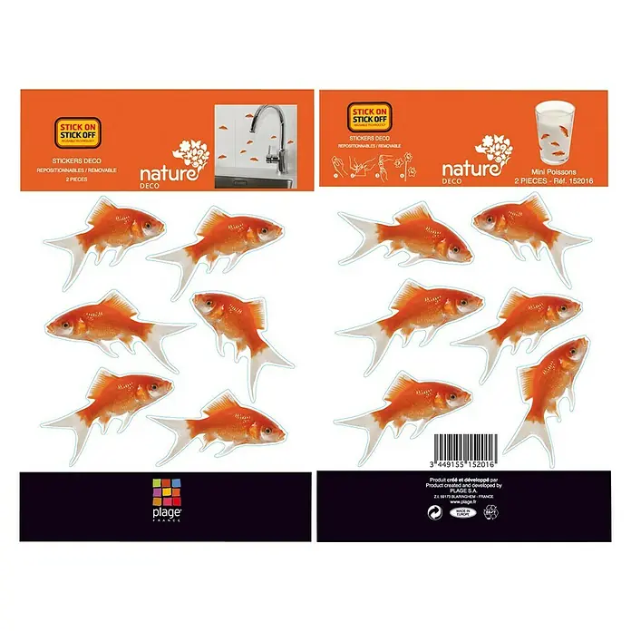 Vinilo de pared - Peces, Naranja, Plástico - Adhesivos con temática de peces dorados para decorar superficies, 2 unidades. Ideal para habitaciones infantiles o baños.
