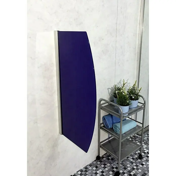 GEO Urinal-Trennwand Radius 10 - 50 x 90 cm, Glas, Blau - Das Bild zeigt einen stilvollen, wandmontierten, blauen Heizkörper mit silbernem Rahmen, der neben einem Rollwagen mit Handtüchern und Pflanzen steht.
