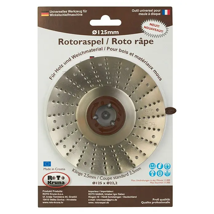 Roto Kruna Rotoraspel - 125 mm, Grob - Produktverpackung einer Rotorkäse, Ø125mm, zum Schleifen von Holz und Weichmaterialien. Profi Qualität, hergestellt in Kroatien.