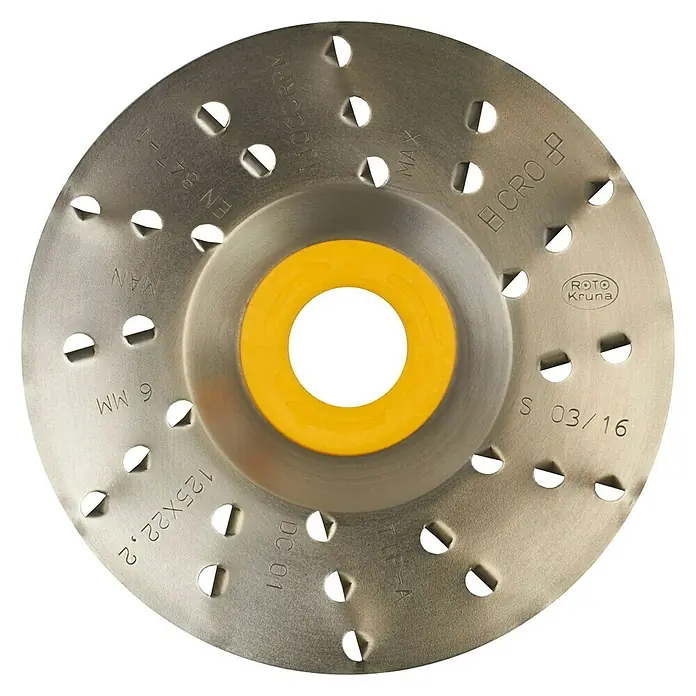 Roto Kruna Rotor aspel - Diámetro: 125 mm, Orificio: 22,23 mm, Acero, Muy grueso - Primer plano de un disco de rectificar con un anillo amarillo en el centro y agujeros en el borde. Ideal para trabajos de rectificado precisos.