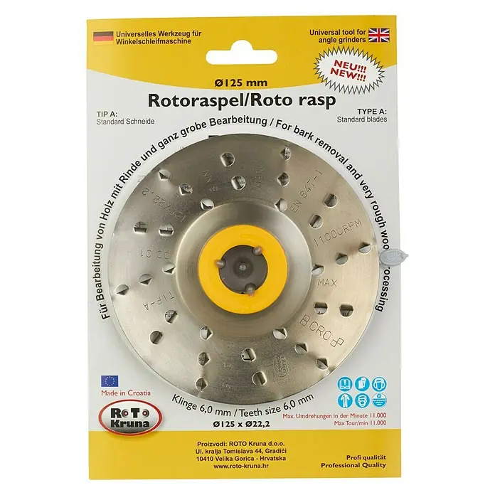 Roto Kruna Rotor aspel - Diámetro: 125 mm, Orificio: 22,23 mm, Acero, Muy grueso - Roto rasp Ø125 mm para procesar madera con corteza y trabajos muy rugosos. Calidad profesional con un máximo de 11.000 rpm.