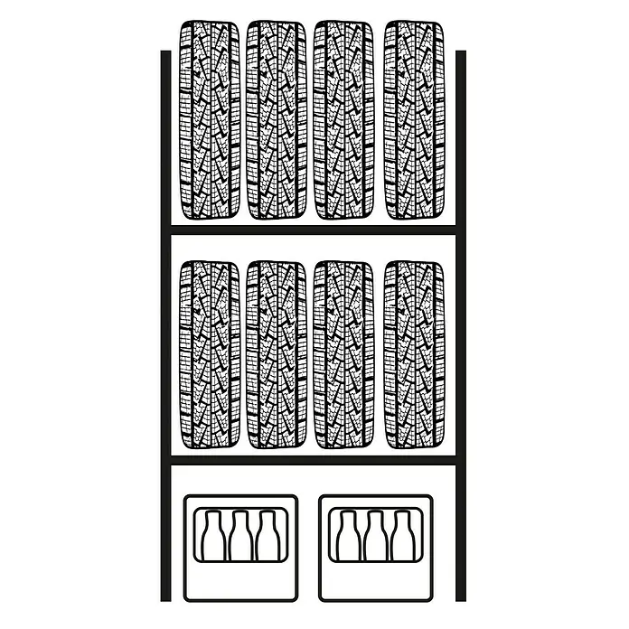 Scholz System Reifenregal - H x B x T: 192 x 105 x 32 cm, Traglast pro Träger: 150 kg, Anzahl Böden: 1 Stk., Stecken, Silber - Illustration eines Regals mit Reifen und Flaschen, die eine Lagerung darstellt.