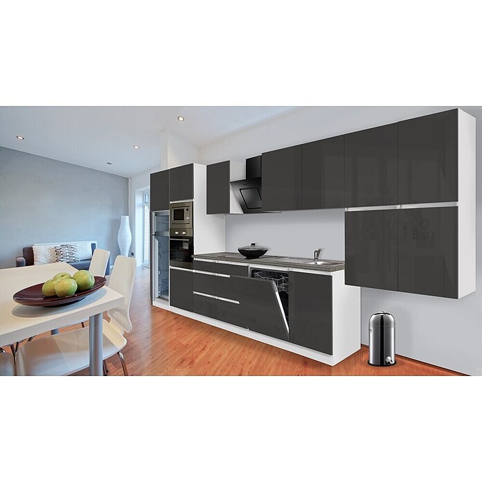 Respekta Premium Composición de cocina (Ancho: 445 cm, Con dispositivos eléctricos, Gris de alto brillo)