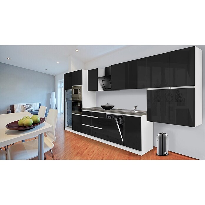 Respekta Premium Composición de cocina (Ancho: 445 cm, Con dispositivos eléctricos, Negro de alto brillo)