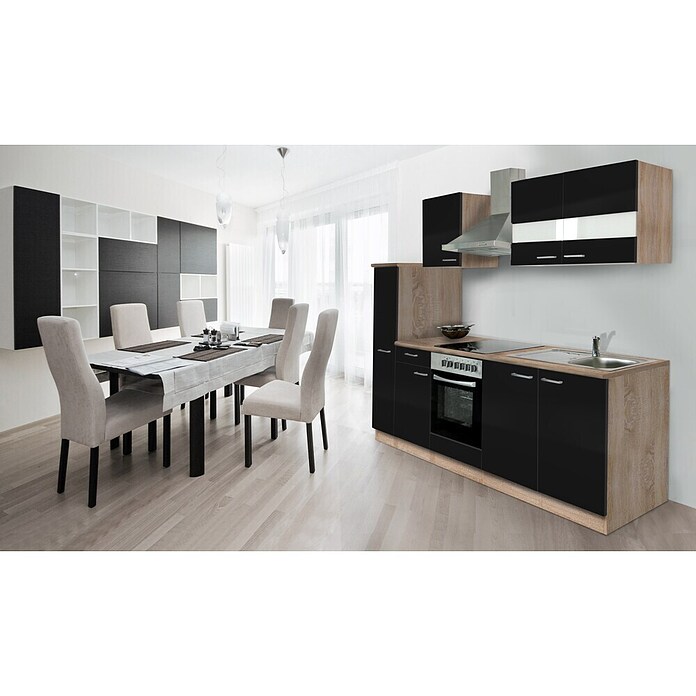 Respekta Composición de cocina (Ancho: 240 cm, Con dispositivos eléctricos, Negro)