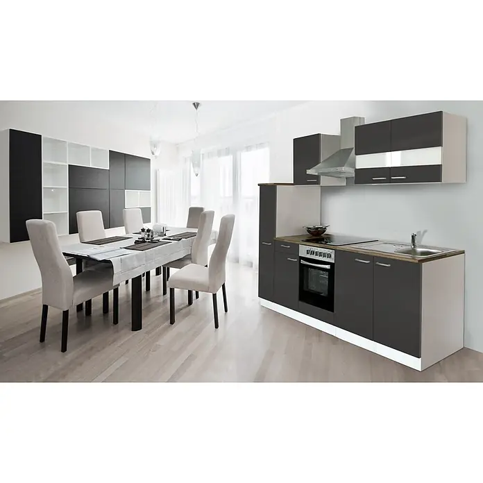 Respekta Cocina compacta Malia - Ancho: 240 cm, Gris, Decoración encimera: Efecto madera, Volumen horno: 72 l - Cocina y comedor modernos con gabinetes gris oscuro, suelo de imitación madera clara, una mesa de comedor con sillas grises y luz moderna.