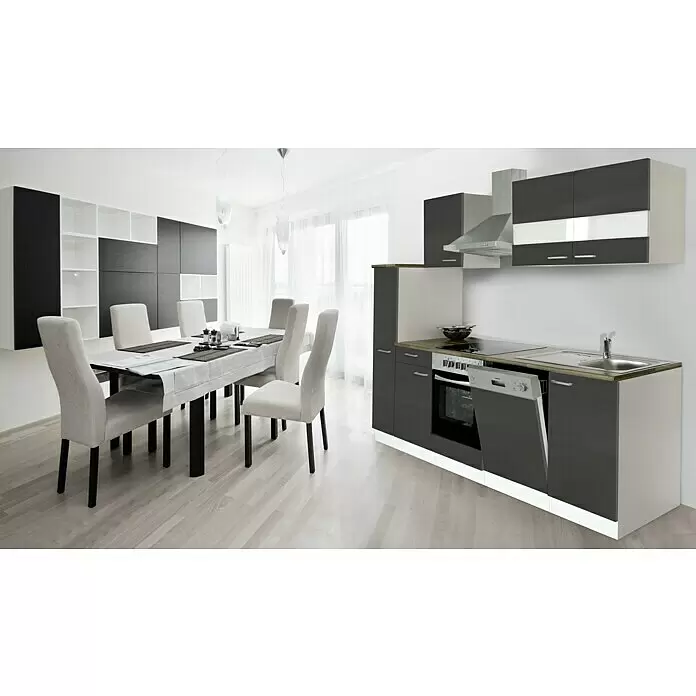 Respekta Cocina compacta Malia - Ancho: 250 cm, Gris, Decoración encimera: Efecto madera, Volumen horno: 72 l - Cocina y comedor modernos de planta abierta con muebles modulares gris oscuro, blanco y madera clara, y sillas gris claro.