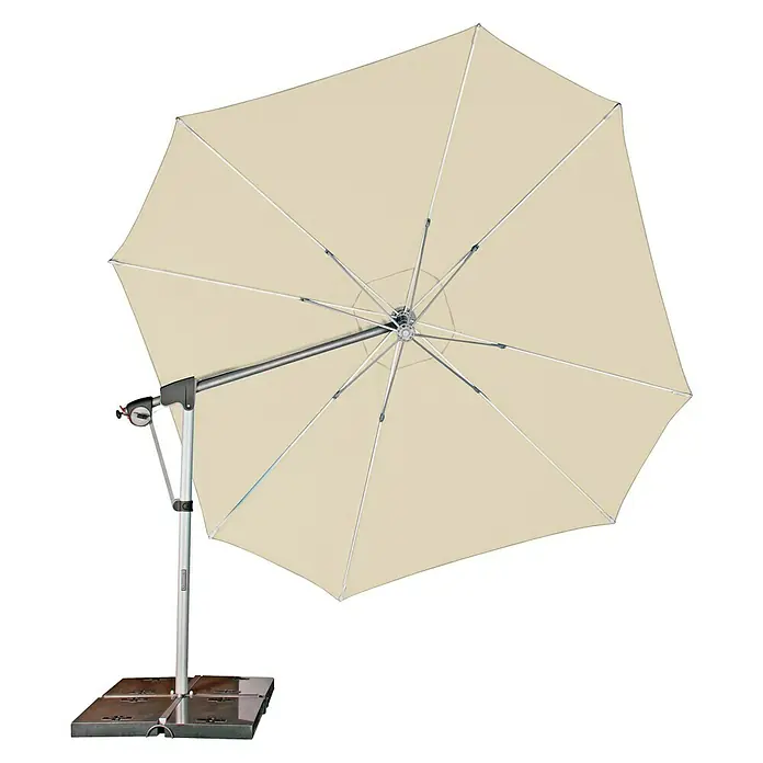Doppler Protect SchirmbezugSand, 400 cm, Passend für: Doppler Schirmgestell Ø 400 cm - Detailaufnahme eines quadratischen Sonnenschirms in hellem Beige mit Metallgestell und Basis. Ideal für den Garten oder die Terrasse.