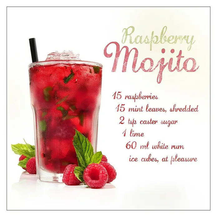 Glasbild - Raspberry Mojito, B x H: 20 x 20 cm - Ein erfrischender Himbeer-Mojito mit Zutatenliste.