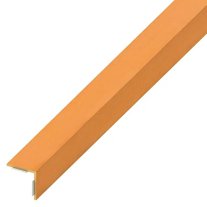 Winkelprofil - 1.000 x 30 x 30 mm, Stärke: 1,1 mm, Kunststoff, Buche - Nahaufnahme einer orangefarbenen Treppenkantenprofil-Lösung, ideal für Treppenrenovierungen und Design.