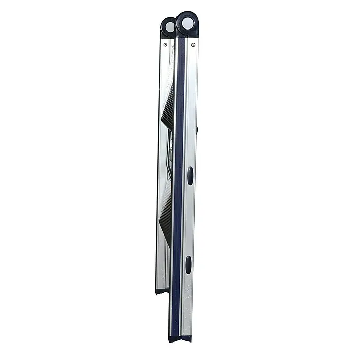 Stabilomat Basicline Klapptritt Slim - Anzahl Tritte: 2 Stk., Arbeitshöhe: 2,18 m, Belastbarkeit: 150 kg, Aluminium - Eine zusammengeklappte, silberfarbene Mehrzweckleiter mit schwarzen Details, ideal für Lagerung und Transport.