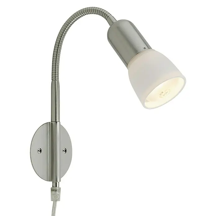 Globo Wandstrahler Cathy - 40 W, Nickel matt, Weiß, E14 - Silberne Wandleuchte mit flexiblem Hals und weißem Lampenschirm. Ideal als Leseleuchte.
