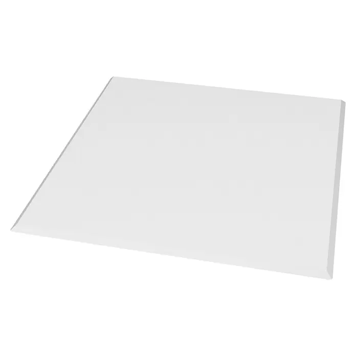 Valo Glasbodenplatte - 110 x 110 cm, Quadratisch - Weißes rechteckiges Brett mit sichtbarer Dicke, schräg betrachtet.