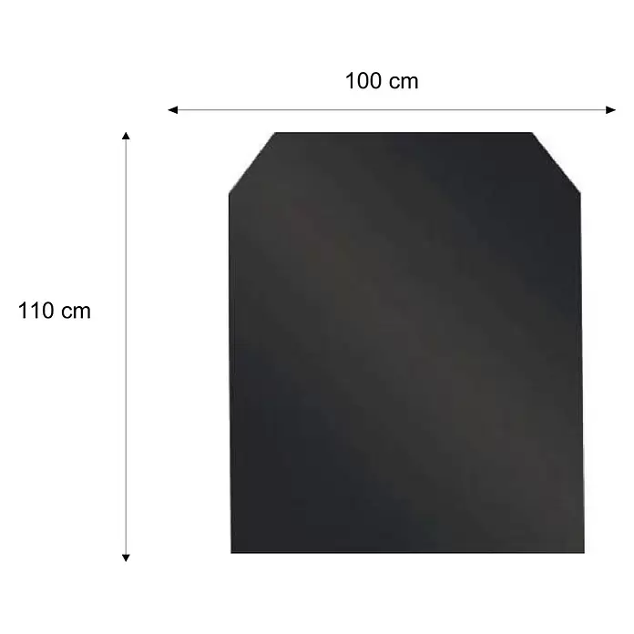 Valo Funkenschutzplatte - 110 x 100 cm, Schwarz, Stahl, Sechseckig - Dunkelgraue Platte mit abgeschrägten oberen Ecken, 100x110 cm.