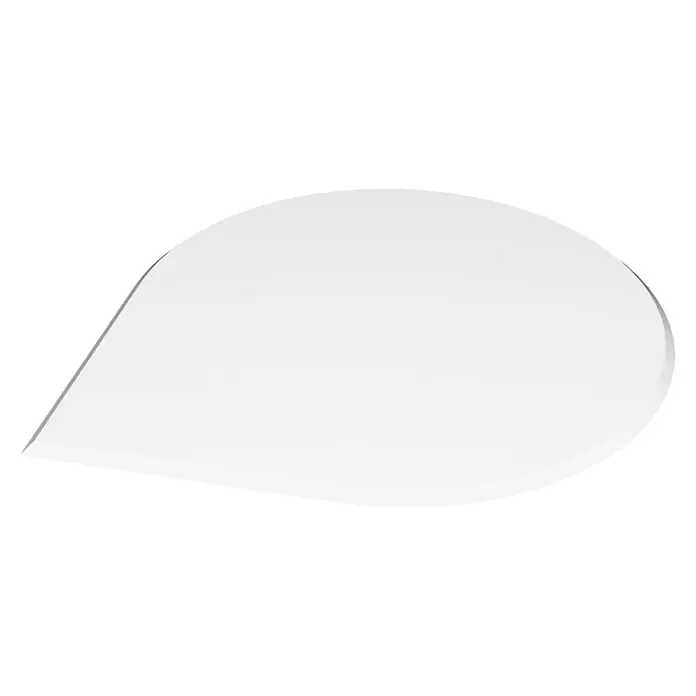 Valo Glasbodenplatte - 125 x 125 cm, Gebogen - Weißes, glänzendes, tropfenförmiges Etikett mit subtiler 3D-Schattierung.