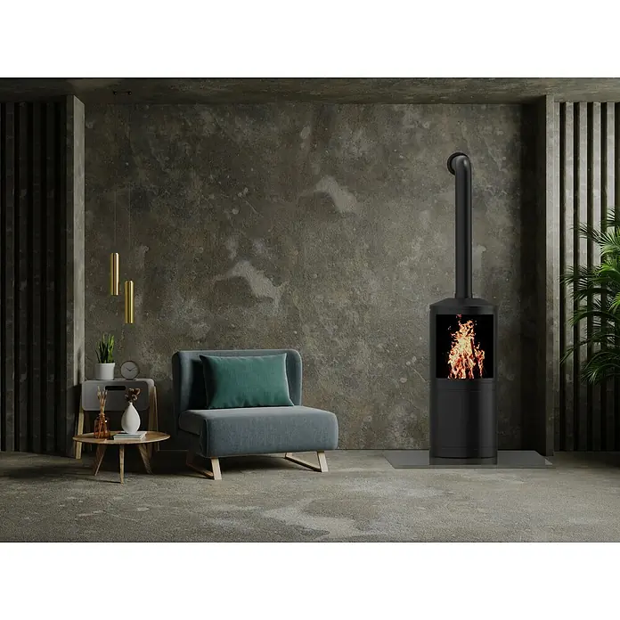 Valo Glasbodenplatte - 110 x 110 cm, Quadratisch - Modernes Interieur mit einem schwarzen Kaminofen, der eine gemütliche Atmosphäre schafft. Das Möbelstück ergänzt den Raum perfekt.