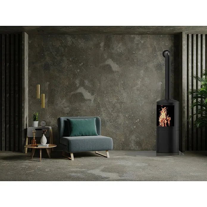 Valo Glasbodenplatte - 125 x 125 cm, Gebogen - Elegantes Interieur mit einem modernen Kamin, der Wärme und Stil in den Raum bringt. Einladender Sessel und minimalistische Dekoration runden das Bild ab.