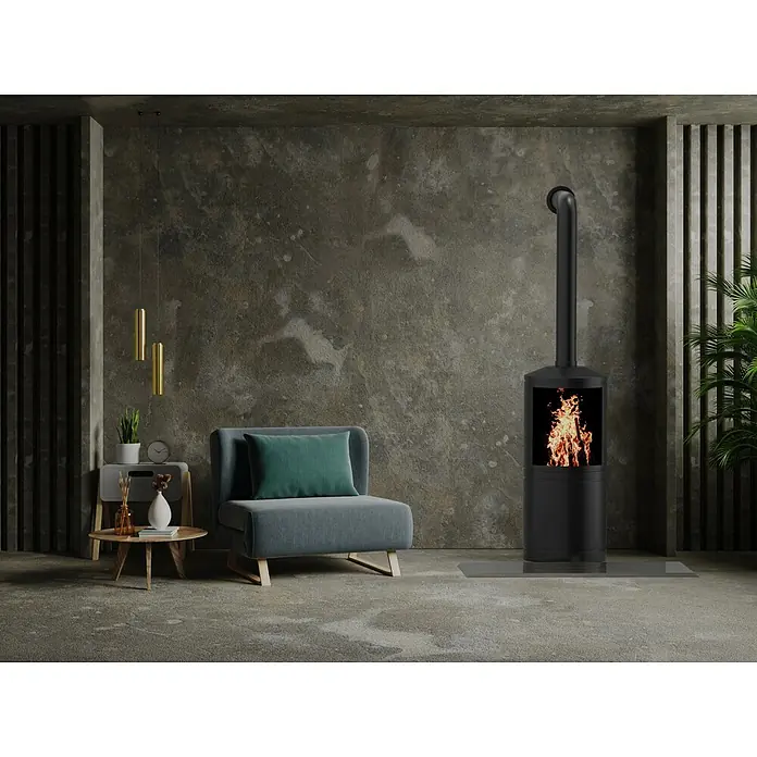 Valo Glasbodenplatte - 100 x 55 cm, Eckig - Stimmungsvolles Interieur mit einem modernen Kaminofen, der Wärme und Design in den Raum bringt. Der Kamin ist ein echter Blickfang.