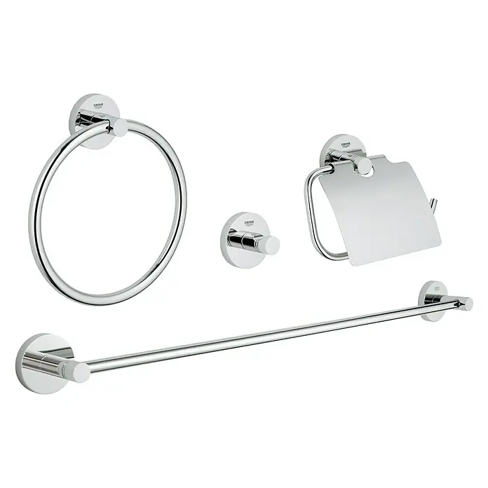 Grohe Essentials Bad-Set 4in1 Variante 2 - 4 -tlg., Chrom, Glänzend - Badezimmer-Accessoires-Set von Grohe mit Handtuchring, Papierhalter, Haken und Handtuchstange in glänzendem Chrom.