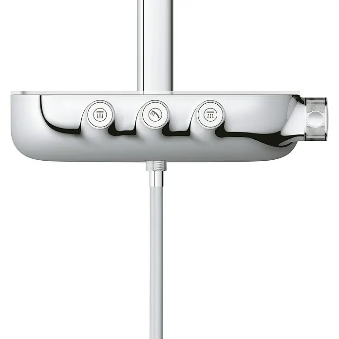 Grohe Rainshower SmartControl Duschsystem 360 - Mit Thermostatarmatur, Lochabstand: 100,6 cm, Anzahl Strahlarten: 3 Stk., Chrom - Nahaufnahme einer modernen Duscharmatur mit mehreren Funktionen und Chromoberfläche. Die Armatur verfügt über verschiedene Knöpfe.