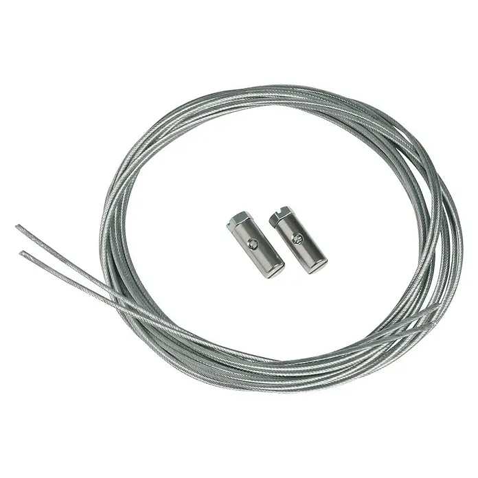 Nielsen Stahlseil - L x B: 200 cm x 1,3 mm, Passend für: Nielsen Galerieschiene Economy/Profi, Mit Schraubgleiter - Das Bild zeigt ein Stahlseil mit zwei Befestigungselementen. Dieses Set eignet sich ideal für die sichere Aufhängung von Objekten.