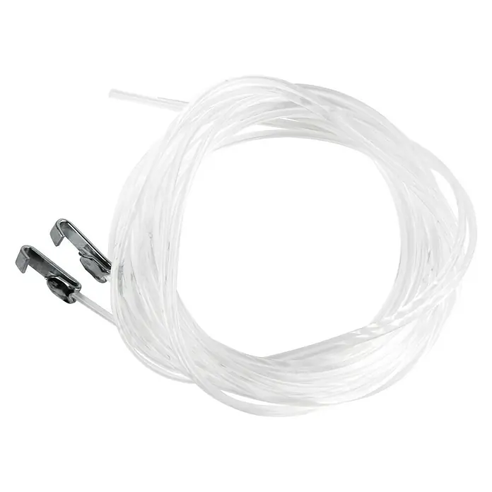 Nielsen Perlonseil Easy Hanger - L x B: 200 cm x 2 mm, Passend für: Nielsen Galerieschiene Economy/Profi, Belastbarkeit: 7 kg - Nahaufnahme einer transparenten Wäscheleine mit zwei Wäscheklammern an einem Ende. Perfekt für Reisen oder kleine Räume.