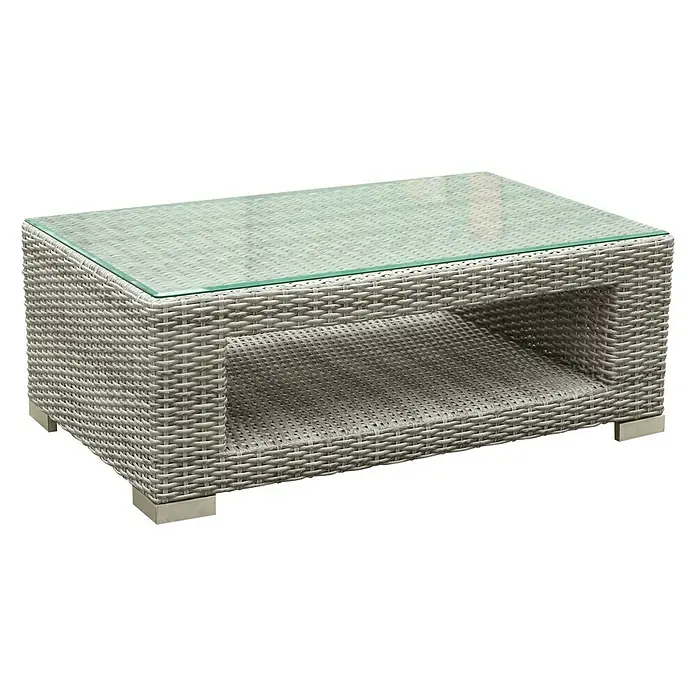 Sunfun Pauline Loungemöbel-Set XXL - 4 -tlg., Polyrattan, Bambusgrau/Anthrazit - Ein grauer Rattantisch mit Glasplatte und Ablagefach, ideal für den Außenbereich. Stilvolles Design für Garten oder Terrasse.