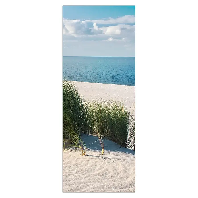 Glasbild - Seaside Idyll, B x H: 90 x 80 cm, 3 -tlg. - Eine malerische Düne mit Strandhafer, die einen ruhigen Blick auf das Meer unter einem hellen Himmel bietet. Die friedliche Szene fängt die natürliche Schönheit ein.